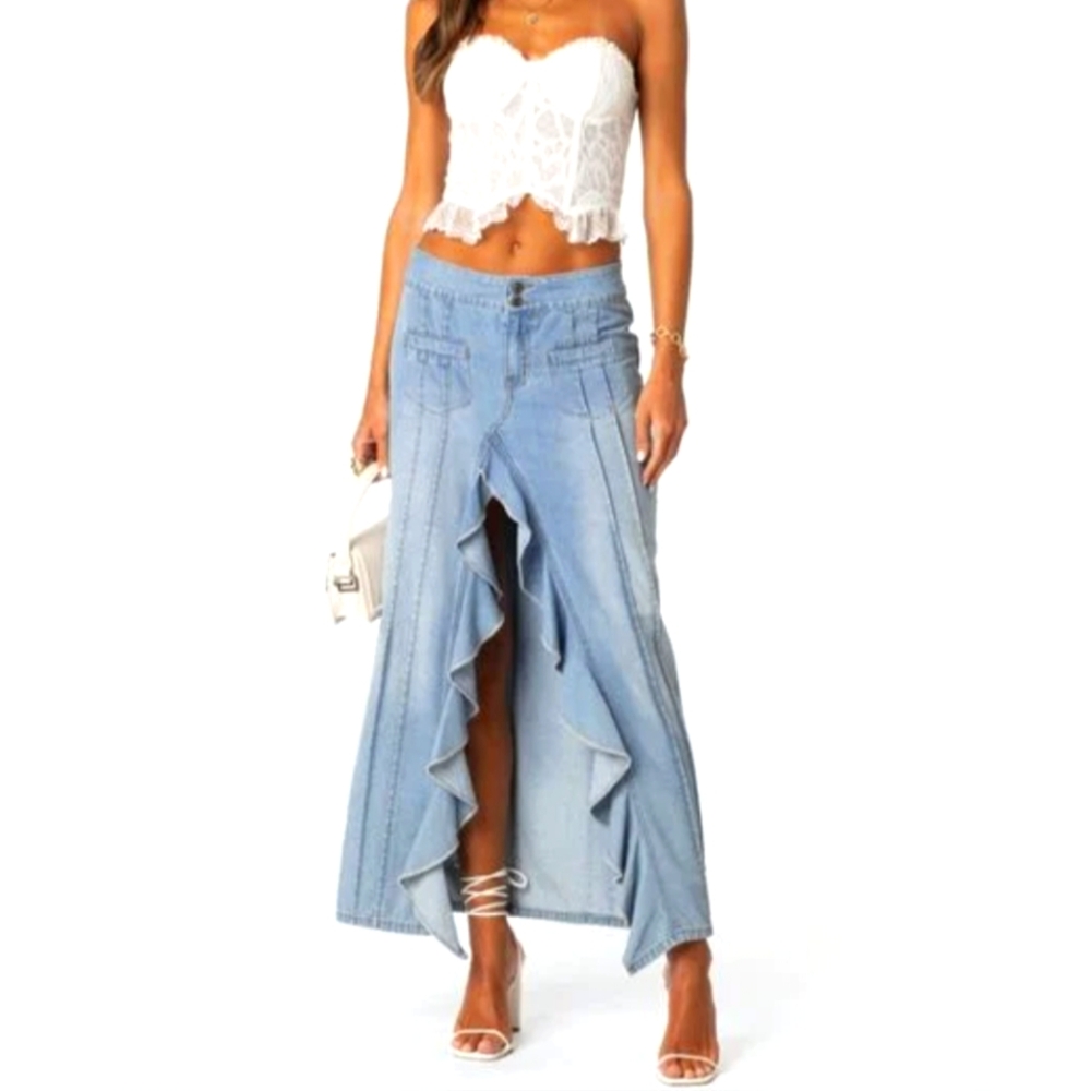 Edikted Valencia Ruffle Slit Front Denim Maxi Skirt